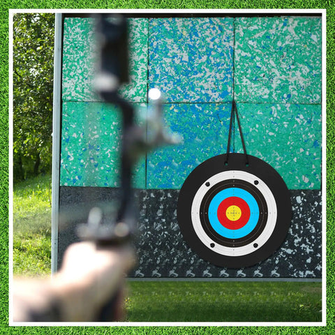 Backyard Ready 24 Inch EVA Foam Archery Target Block With Pins For Easy Backyard Practice Includes 20 Paper Arrow Targets Rubber Arrow Puller And Spike Stakes For Compound Bow Shooting in use