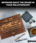 Engraved Whiskey Glass Gift Set For Husband With Whiskey Stones In A Pine Box Romantic Anniversary Present For Him A Keepsake He Will Totally Love For Birthdays Or Weddings showing flame pine box with engraved message and whiskey items