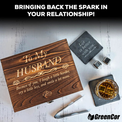 Engraved Whiskey Glass Gift Set For Husband With Whiskey Stones In A Pine Box Romantic Anniversary Present For Him A Keepsake He Will Totally Love For Birthdays Or Weddings showing flame pine box with engraved message and whiskey items