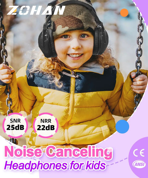 Child wearing noise canceling headphones for kids on a swing, emphasizing Kids Noise Canceling Ear Protection 2 Pack For Concerts Fireworks And Football Games Autism Friendly Ear Muffs 26dB SNR 22dB NRR Safe Sound Shield For Teens And Toddlers