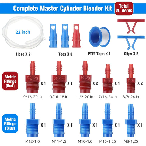 Master Cylinder Bleeder Kit Replacement For 13911 With 22 Inch Clear Hose Clips SAE And Metric Fittings, full item layout
