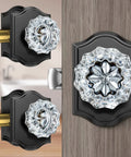 Three Pack Crystal Door Knobs With Lock Glass Privacy Knobs Matte Black Vintage Diamond Glass Door Knob Set for Bedroom and Bathroom Interior Doors for Easy Installation and Long Lasting Durability, showing side and installed views with crystal glass detail.