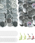 Premium 2.25 Button Maker Supplies Packed With Two Hundred Sleek Metal Badge Blanks And Crisp Paper Discs for custom crafts.