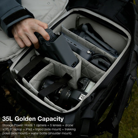 35L Camera Backpack For Photographers And Videographers, Built Tough Rugged Outdoor Gear Bag For DSLR, Mirrorless, Drone, And Fifteen Point Six Inch Laptop, Easy Side Access, Rain Cover, And Tripod Trek Pole Carry interior with photography gear compartments and drone