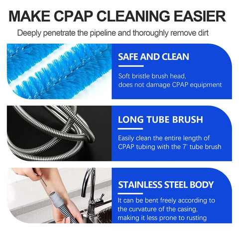 All In One CPAP Cleaning Kit With Cleaner And Hose Brush for effective cleaning; blue bristle brush, stainless steel tube cleaner.