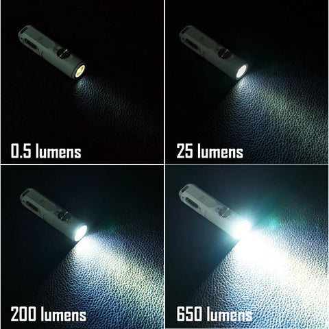 Keychain EDC Flashlight Red USB C 650 Lumens Ultra Compact Aluminum Alloy Torch IP65 Waterproof showing four light modes