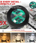 All In One Soldering Station With 5x Magnetic Magnifying Lamp highlighting circuit board details and brightness levels