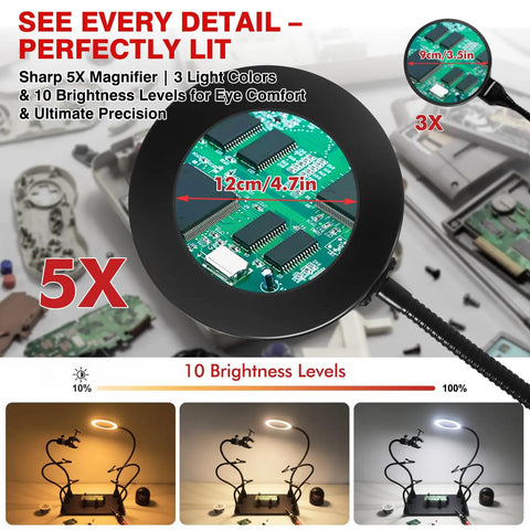 All In One Soldering Station With 5x Magnetic Magnifying Lamp highlighting circuit board details and brightness levels