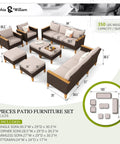 All Weather 12-Piece Outdoor Patio Conversation Set high-back wicker rattan sectional sofa with dimensions and seating layout
