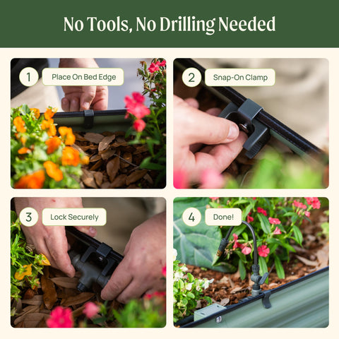 10 Pack Adjustable Snap On Irrigation Clamps With Powder Coated Steel And Silicone Sleeves Drill Free Installation shown in use