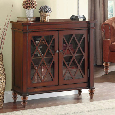 Wooden cabinet with glass doors and intricate design, standing on Six Inch Wood Furniture Legs Set Of 4 Adjustable Leveling Feet.