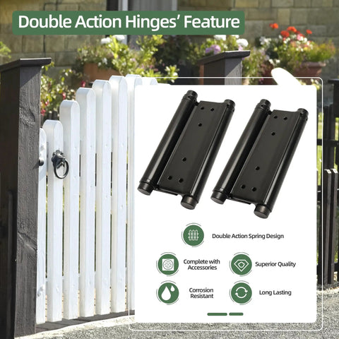 8 Inch Black Double Action Door Hinges Self Closing For Cafe Saloon Pub Swinging Doors 201 Stainless Steel Includes Pins And Screws Heavy Duty 4 Pack Set shown with features