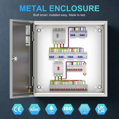 Interior view of Heavy Duty 304 Stainless Steel Electrical Box Nema 4X Junction Enclosure featuring wiring setup and controls.