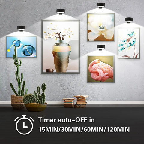 Smooth Dimming Battery Operated Picture Light With Remote Control For Wall Art Posters Frames illuminating multiple framed artworks.