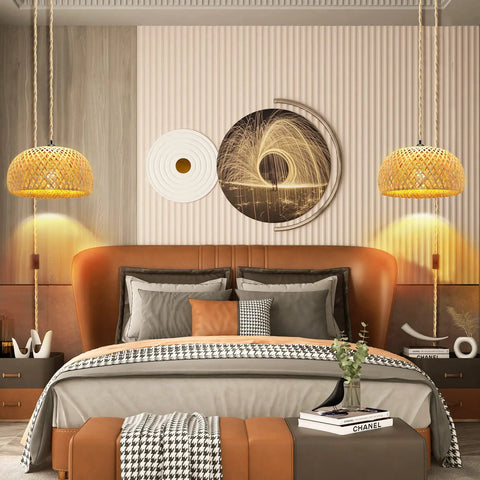 Rattan Hanging Pendant Light With Hemp Rope Cord And Bamboo Shade Wicker Weave Fixture above a cozy bedroom setting