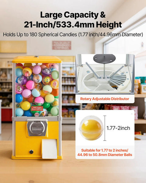 Candy Dispenser With 21 Inch Transparent Globe Holds 180 Balls, 25 Cent Coin Op, yellow base, in a store setting
