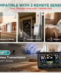 Wireless Indoor Outdoor Weather Station With Digital Atomic Clock, 9.1 Inch Color Display shown with remote sensors in various rooms