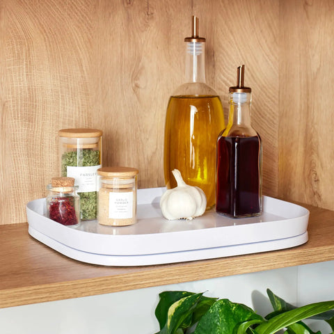 Rectangle Lazy Susan Turntable for Cabinets and Pantries holding bottles and jars, 360 Degree Spin Kitchen Organizer, Non Slip, White Speckled BPA Free
