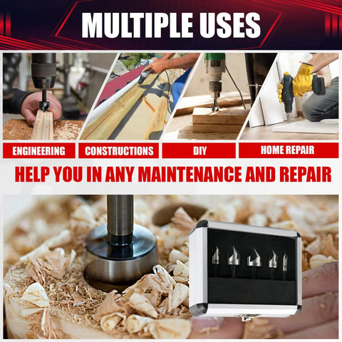 5 Piece Countersink Drill Bit Set With 82 Degree Counter Sink, Includes 1/4, 3/8, 1/2, 5/8, 3/4 Inch Bits In Aluminum Carry Case