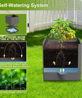 Diagram of self-watering system in Two Pack Raised Garden Bed Tomato Planter With Trellis And 57 Inch Tomato Cage Plant Support