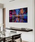 8 Pack Peel And Stick Acoustic Wall Panels With Neon Graffiti City Skyline Design Premium Polyester Fiber Sound Absorbing Foam Tiles For Recording Booths And Home Office Level Up Your Rig displayed in modern room.