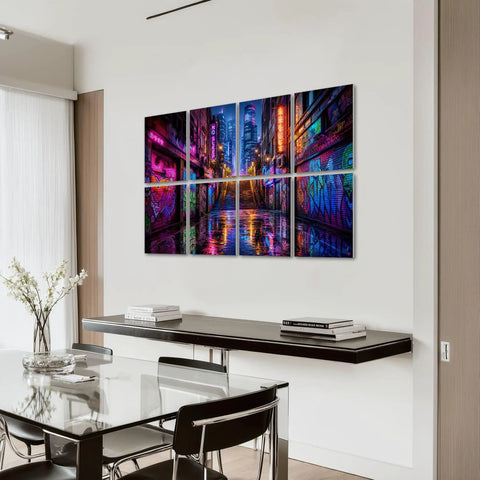 8 Pack Peel And Stick Acoustic Wall Panels With Neon Graffiti City Skyline Design Premium Polyester Fiber Sound Absorbing Foam Tiles For Recording Booths And Home Office Level Up Your Rig displayed in modern room.
