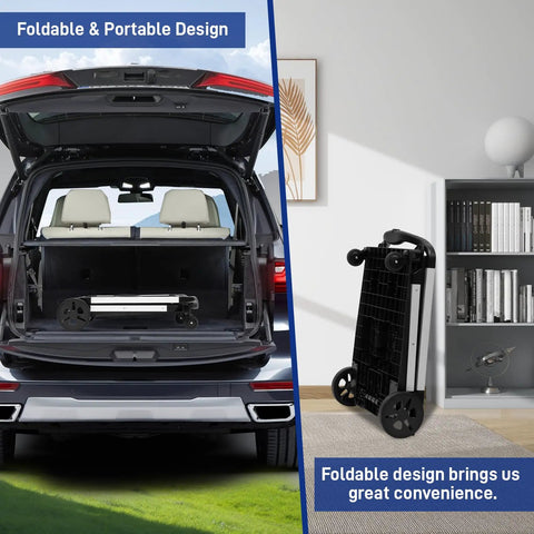 Heavy Duty Collapsible Shopping Cart On Wheels With Dual Bins Two Tier Folding Grocery Cart fits in car trunk and folds for easy storage.
