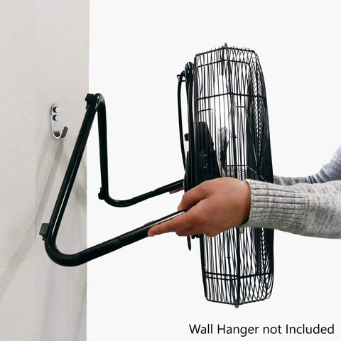 20 Inch High Velocity Garage Floor Fan With Tilt Adjustable Head being mounted, showing side view, wall hanger not included