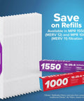 Filtrete 16x25x4 Refillable Air Filter Starter Kit, MPR 1550, MERV 12 packaging with 1550 and 1000 refill boxes on a blue background.
