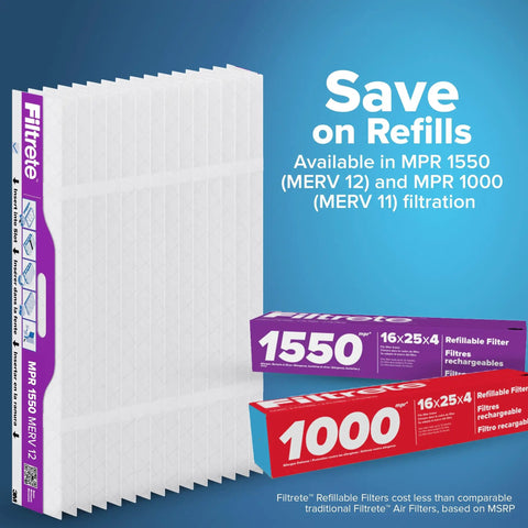 Filtrete 16x25x4 Refillable Air Filter Starter Kit, MPR 1550, MERV 12 packaging with 1550 and 1000 refill boxes on a blue background.