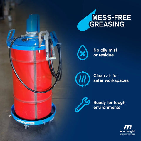 Professional Air Operated Grease Pump For 120 Lb Drums Built Tough To Crush Daily Shop Grind with hoses and cart.