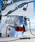 Step-by-step illustration showing Extra Long 33Ft Ev Charger Extension Cable Rock Solid 50 Amp Nacs Plug connecting to Tesla.