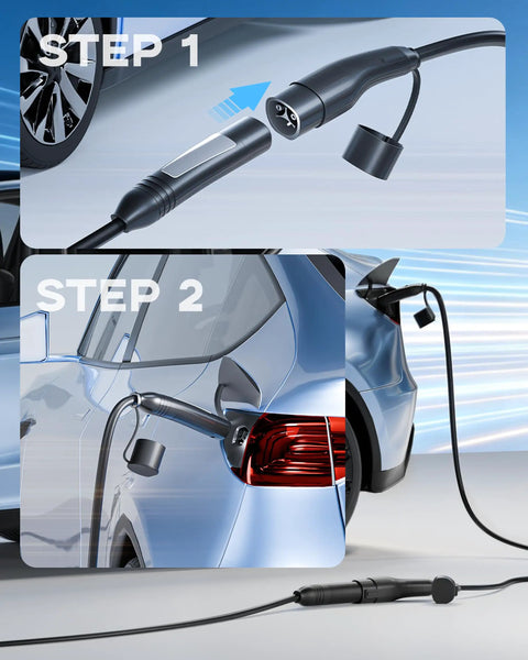 Step-by-step illustration showing Extra Long 33Ft Ev Charger Extension Cable Rock Solid 50 Amp Nacs Plug connecting to Tesla.