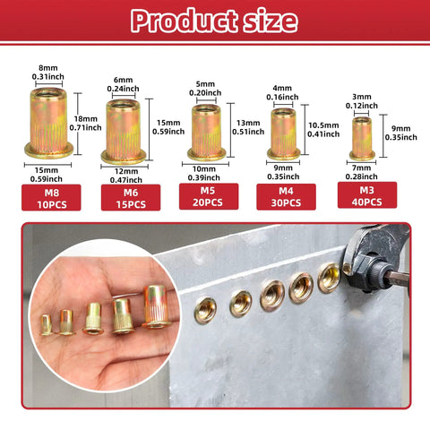 Rivet Nut Tool Kit 14 Inch Hand Riveter With 5 Metric Mandrels Pro Grade showing assorted nut sizes for auto metalwork