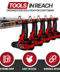 Universal M18 18V Tool Organizer Rack For Five Cordless Tools holding five drills mounted on wall