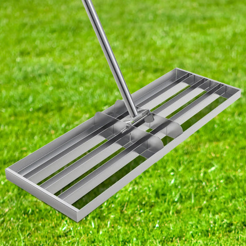48 Inch Wide Lawn Leveling Rake With 52 To 78 Inch Adjustable Telescopic Handle Heavy Duty Stainless Steel Leveler Tool on grass