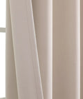Light beige fire retardant curtain for classroom rod pocket top inherently flame retardant NFPA701 tested 52 by 84 inch close-up view