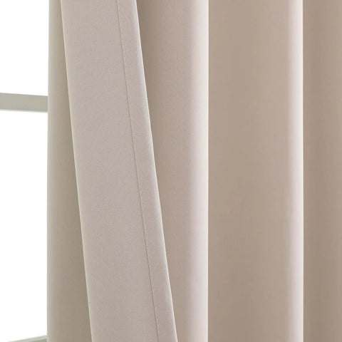 Light beige fire retardant curtain for classroom rod pocket top inherently flame retardant NFPA701 tested 52 by 84 inch close-up view