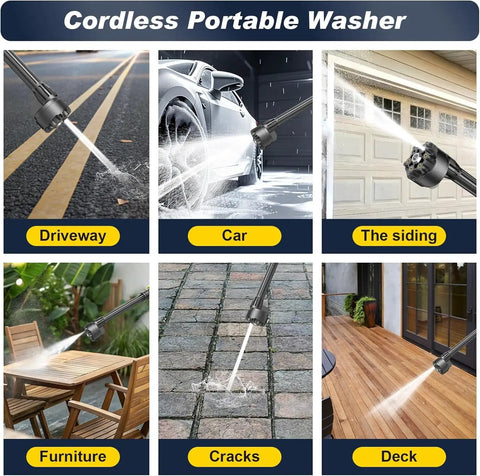 Wreck The Grime On Your Ride Or Yard With This Cordless Portable Pressure Washer Featuring Brushless Motor Dual Batteries Quick Charge Six Spray Tips Long Hose Carry Case Blasts Dirt Effortlessly Smooth, showcasing various cleaning applications.