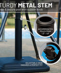 Heavy Duty 26 Pound Cast Stone Outdoor Umbrella Base Stand For Patio Tables Fits Umbrella Poles 1.3 To 1.8 Inches Black Ultra Stable Foundation For Decks And Backyards That Keeps Your Patio Umbrella Solid And In Place, showing metal stem with tightening knob and pole fit markings.