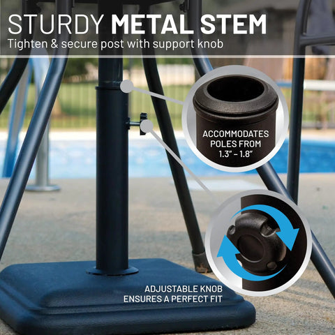 Heavy Duty 26 Pound Cast Stone Outdoor Umbrella Base Stand For Patio Tables Fits Umbrella Poles 1.3 To 1.8 Inches Black Ultra Stable Foundation For Decks And Backyards That Keeps Your Patio Umbrella Solid And In Place, showing metal stem with tightening knob and pole fit markings.