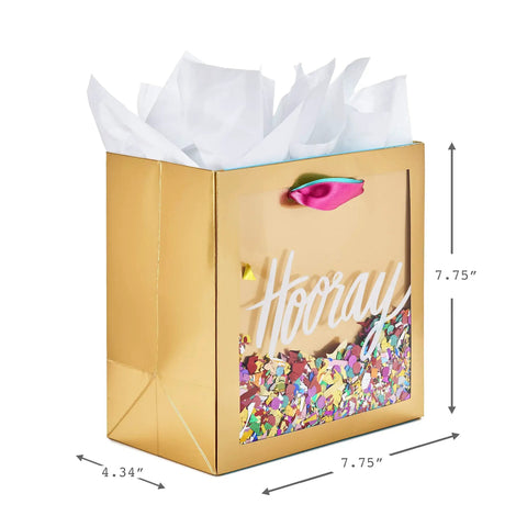 Medium Gift Bag With Tissue Paper And Hooray Confetti Design In Gold With Pink Teal Purple For Bridal Showers Graduations Retirements