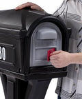 User interacting with Top Grade Classic Black Plastic Residential Mailbox With Standalone Yard Post Mount Combo Kit.