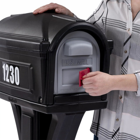 User interacting with Top Grade Classic Black Plastic Residential Mailbox With Standalone Yard Post Mount Combo Kit.