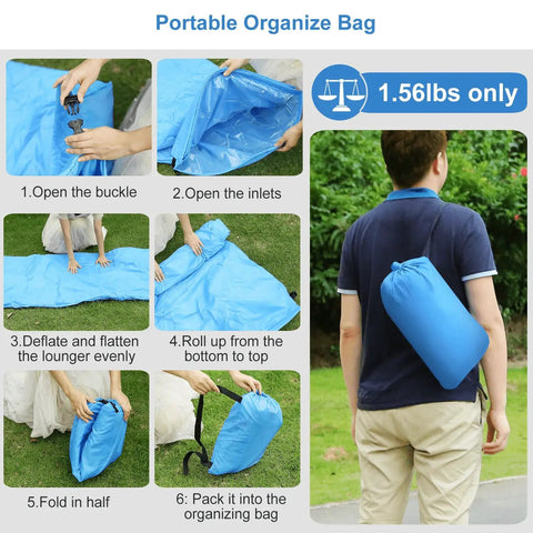 Steps to pack Inflatable Lounger Air Sofa Hammock For Outdoors Camping Beach And Festivals Easy Inflate Black into blue bag