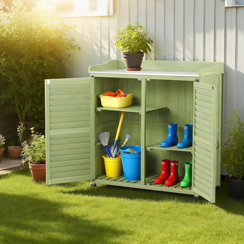 Outdoor Potting Bench With Metal Work Top And Cedar Wood Build, Waterproof Garden Storage Cabinet open with tools and plants