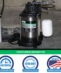 Wayne 3/4 HP submersible sump pump with cast iron and stainless steel body, integrated vertical float switch, front view