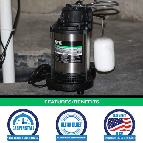 Wayne 3/4 HP submersible sump pump with cast iron and stainless steel body, integrated vertical float switch, front view