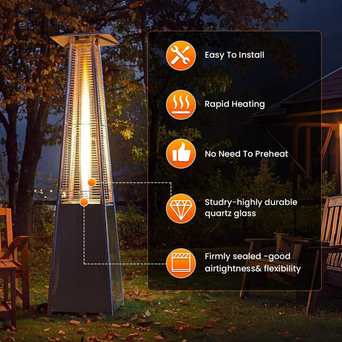Glass Tube Replacement For Patio Heaters, 49.5 Inch Tall By 4 Inch Diameter, Includes Neoprene Ring, shown in pyramid heater outdoors.