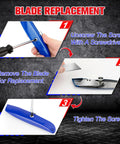 Blue retractable box cutter blade replacement infographic showing unscrew, remove blade, and tighten screw steps